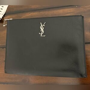 Saint Laurent Black Leather Zip Pouch with Silver YSL Monogram